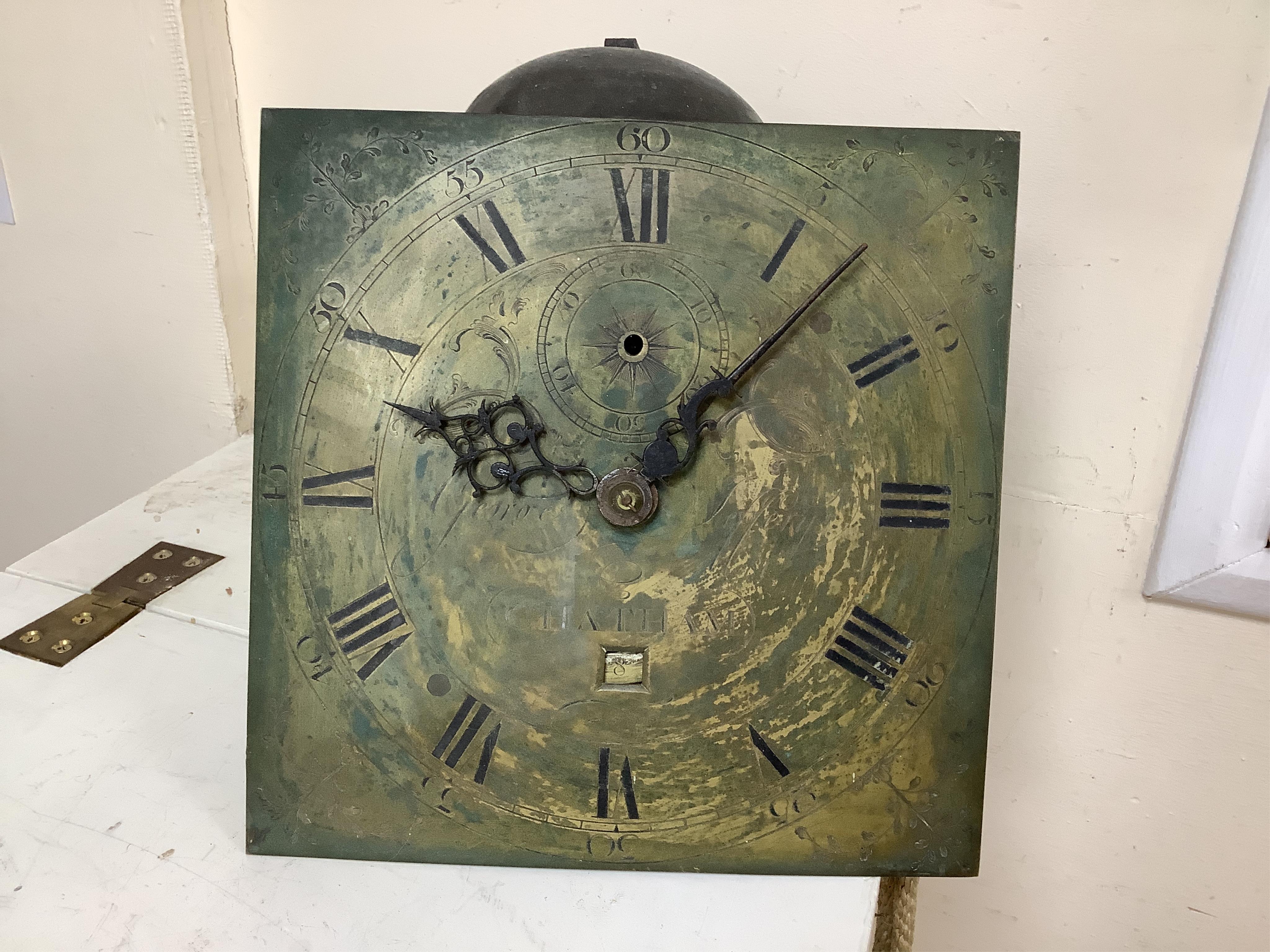 An 18th century brass clock dial and thirty-hour movement signed George Jefferys, Chatham, and one other painted clock dial and movement, the first 25cm
